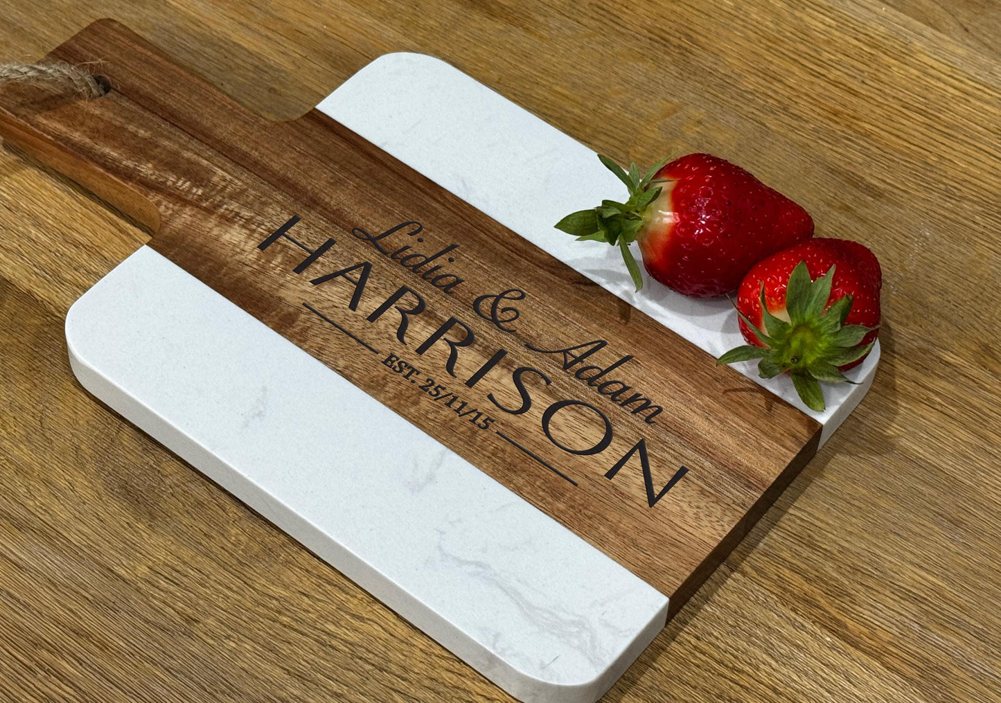 Personalised acacia wood and marble serving board