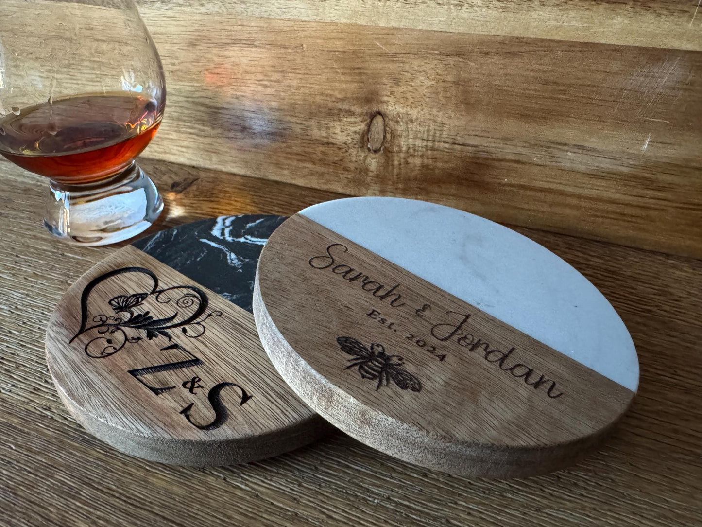 Personalised Marble and Wood Coasters