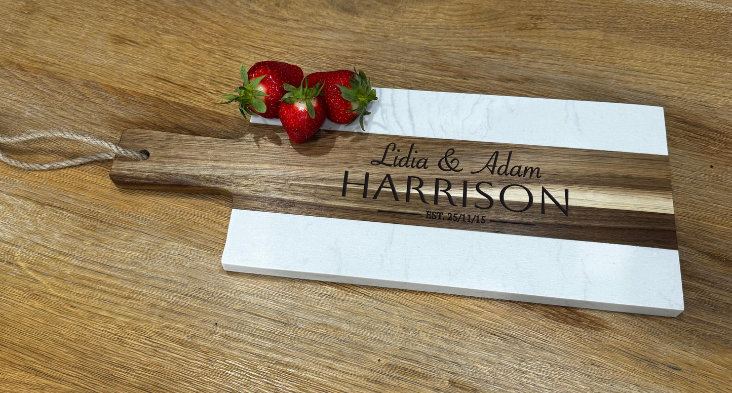 Personalised acacia wood and marble serving board