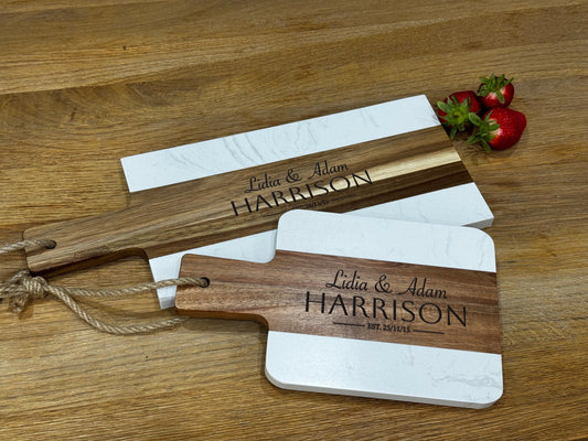 Personalised acacia wood and marble serving board