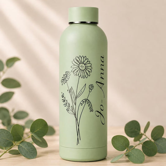 Personalised Birth Flower Water Bottle – Custom Engraved Name