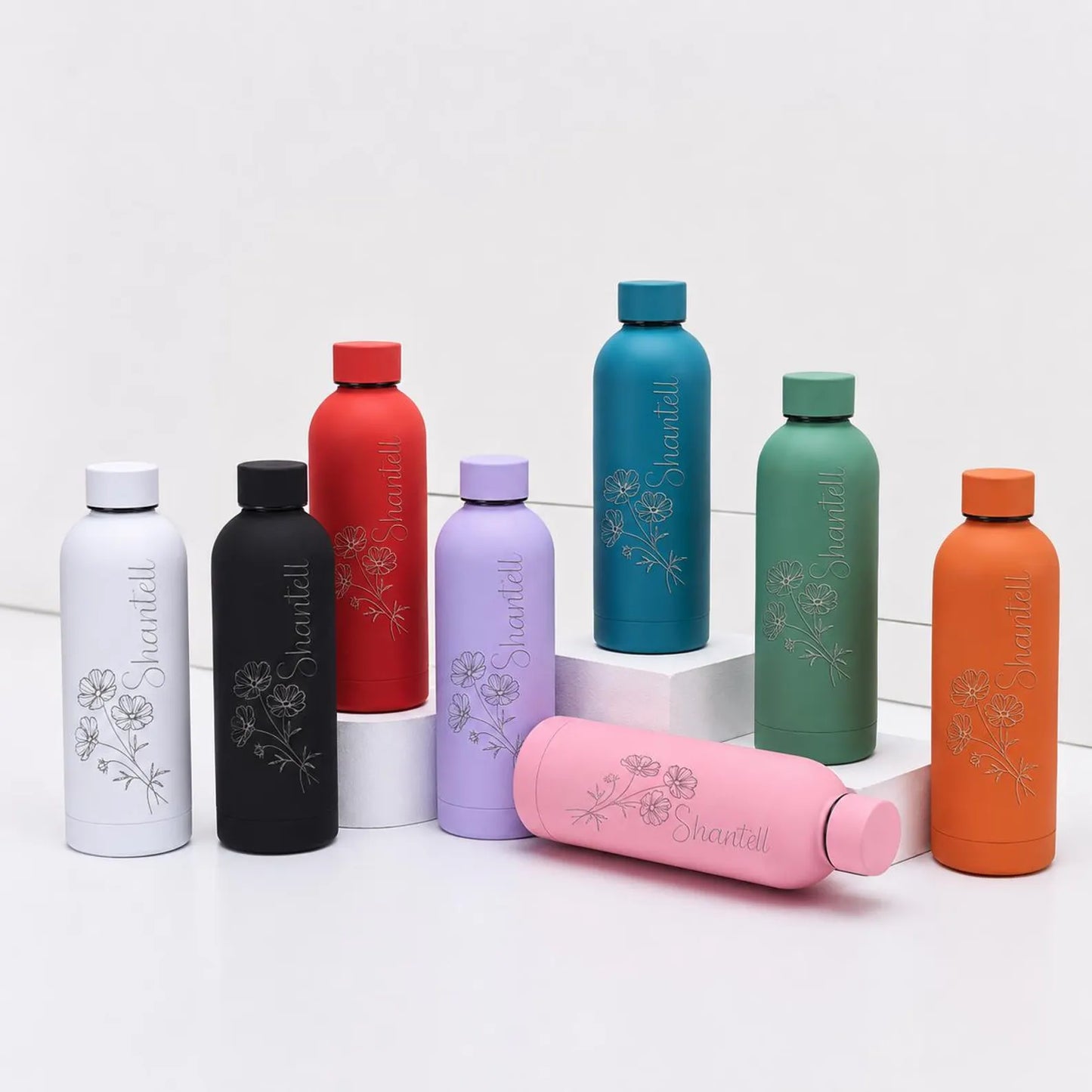 Personalised Birth Flower Water Bottle – Custom Engraved Name